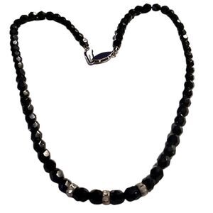 Vintage-Style Faceted Black Beaded Necklace with Rhinestone Rondelle Accents